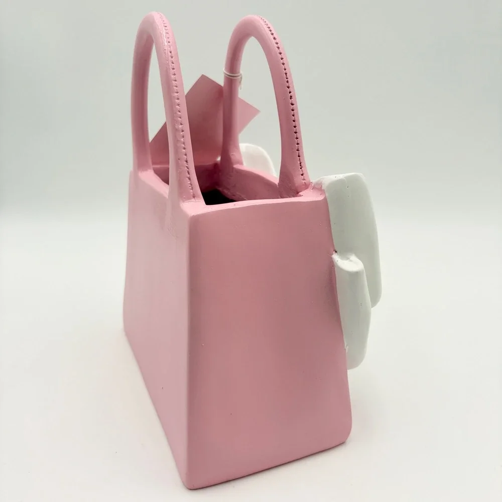 Pink Handbag Vase with Large White Bow Coquette Decor Purse Planter 8in